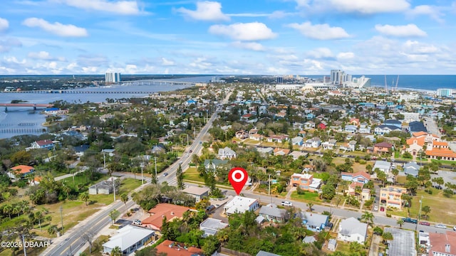 aerial view featuring a water view and a city view