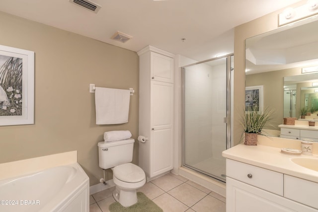 full bathroom with toilet, vanity, independent shower and bath, and tile patterned floors