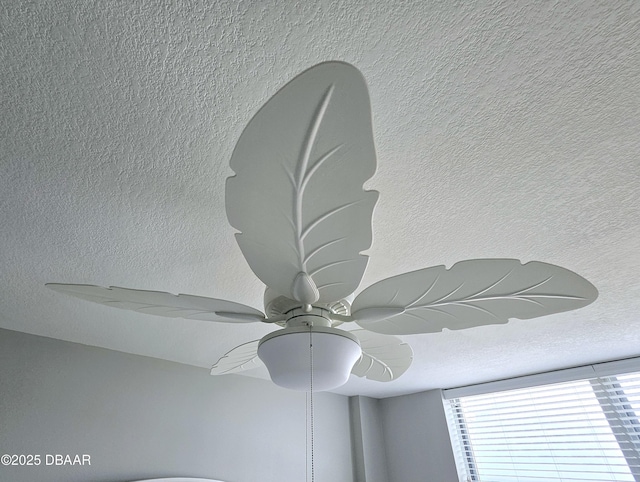 details featuring ceiling fan and a textured ceiling