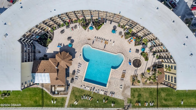 drone / aerial view of a pool