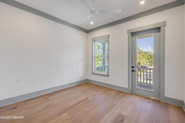 unfurnished room with light wood-type flooring, ceiling fan, baseboards, and recessed lighting