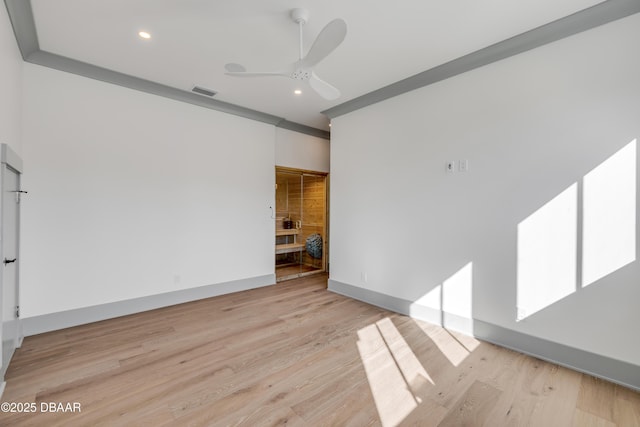 unfurnished living room with recessed lighting, visible vents, ceiling fan, light wood-type flooring, and baseboards