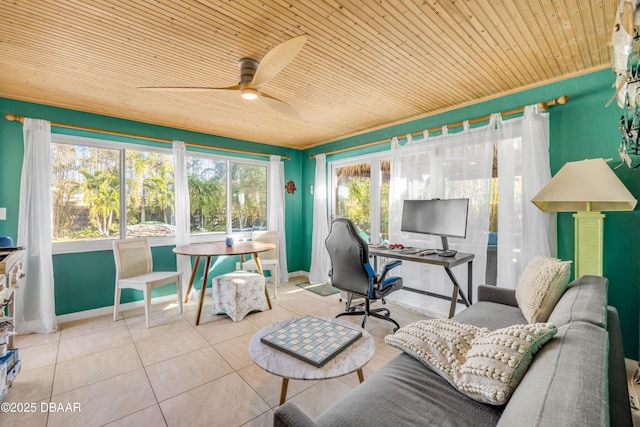 office space featuring light tile patterned floors, wood ceiling, baseboards, and a wealth of natural light