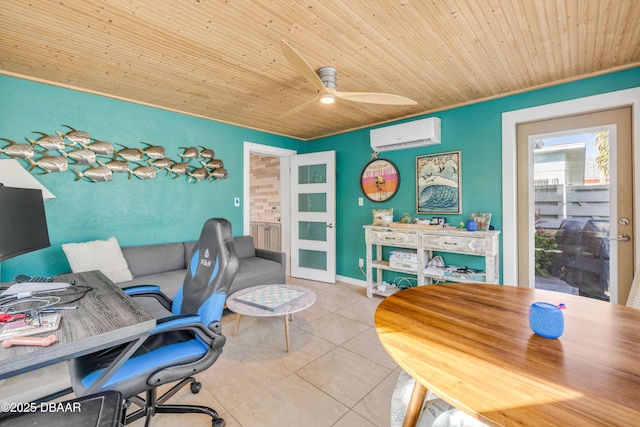 office space featuring light tile patterned floors, ceiling fan, a wall mounted AC, and wood ceiling