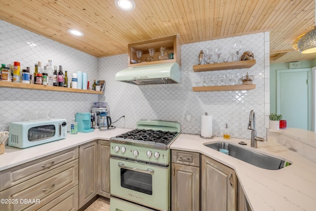 kitchen featuring open shelves, white microwave, custom exhaust hood, and range