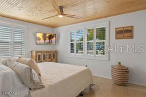 bedroom featuring wood ceiling and ceiling fan