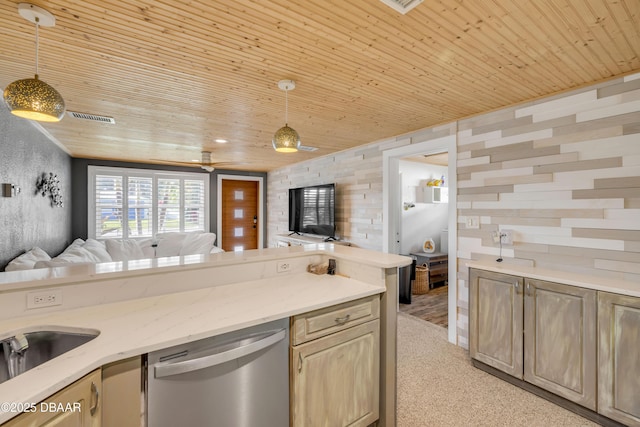 kitchen featuring wood ceiling, open floor plan, stainless steel dishwasher, and decorative light fixtures