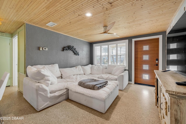 living area with visible vents, a textured wall, wood ceiling, and a ceiling fan