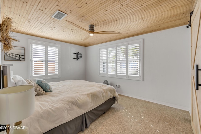 carpeted bedroom featuring wood ceiling, a ceiling fan, visible vents, and baseboards