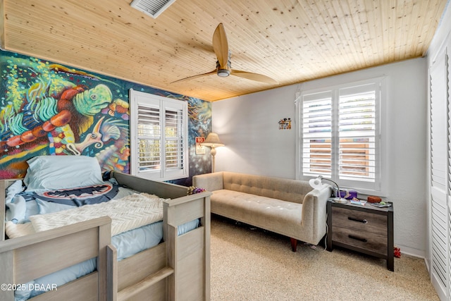 bedroom featuring wooden ceiling, visible vents, a ceiling fan, and light colored carpet