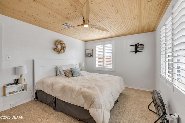 bedroom with ceiling fan, wooden ceiling, visible vents, and light colored carpet