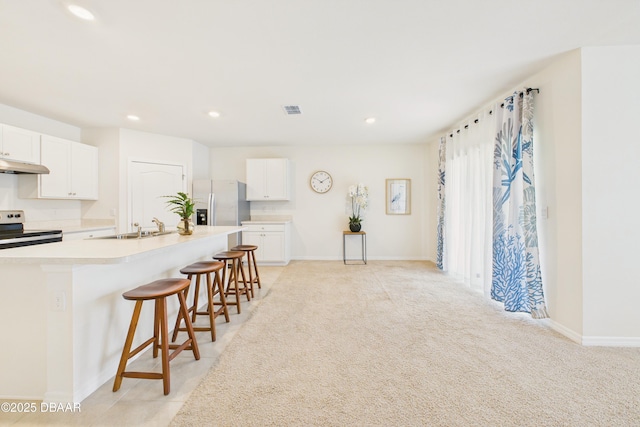 2625 Neverland Dr, New Smyrna Beach, FL 32168 - kitchen featuring stainless steel range with electric cooktop, light colored carpet, visible vents, under cabinet range hood, and a sink
