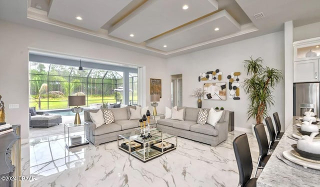 living room featuring coffered ceiling