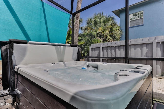 view of patio featuring a hot tub