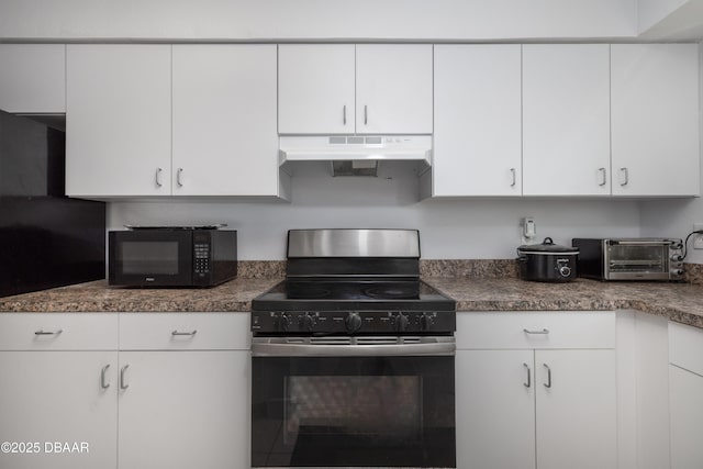 kitchen featuring under cabinet range hood, a toaster, white cabinetry, and black appliances
