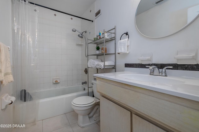 bathroom with vanity, shower / bath combo, tile patterned flooring, toilet, and visible vents