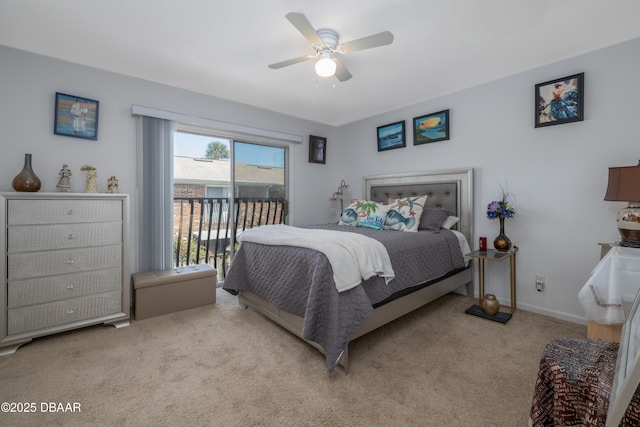 carpeted bedroom with baseboards, access to exterior, and a ceiling fan