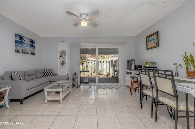 living room featuring light tile patterned flooring and a ceiling fan