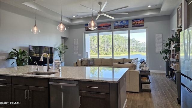 kitchen featuring stainless steel dishwasher, a raised ceiling, sink, and light stone countertops