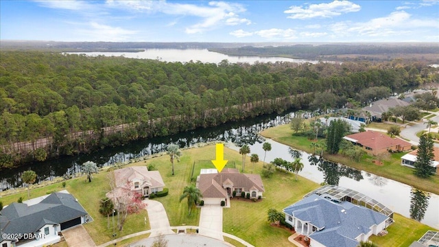 aerial view featuring a water view