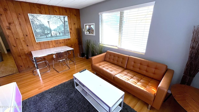 living room with wooden walls and wood finished floors