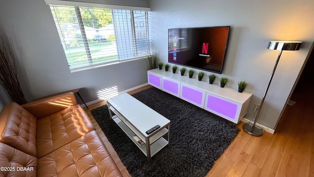 living area with wood finished floors and baseboards