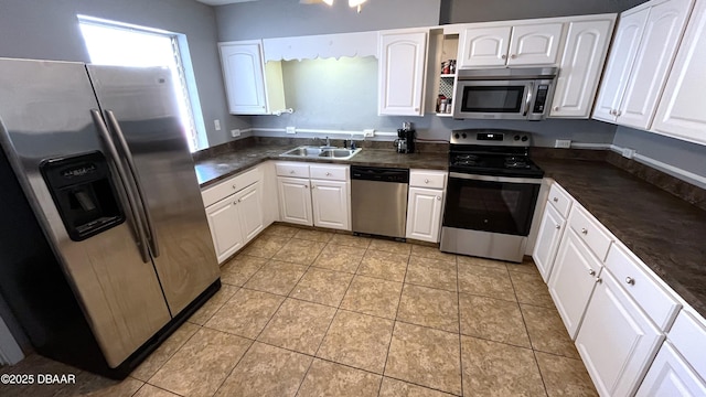 kitchen featuring a sink, stainless steel appliances, dark countertops, and white cabinetry