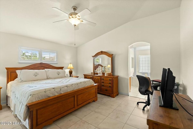 979 Leyburn Dr, Deltona, FL 32725 - bedroom featuring lofted ceiling, light tile patterned floors, ceiling fan, and arched walkways