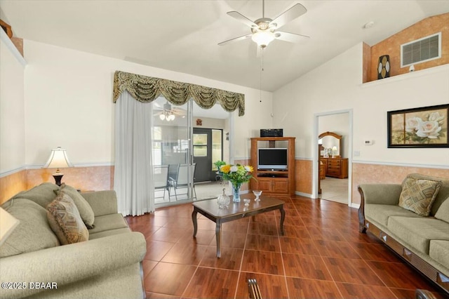 979 Leyburn Dr, Deltona, FL 32725 - living room with visible vents, ceiling fan, and vaulted ceiling