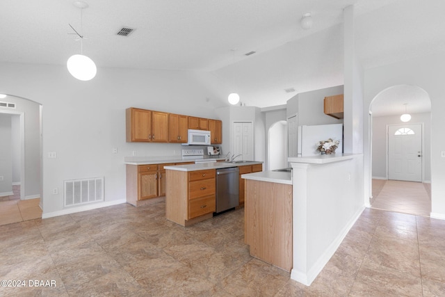 kitchen featuring white appliances, high vaulted ceiling, hanging light fixtures, sink, and kitchen peninsula