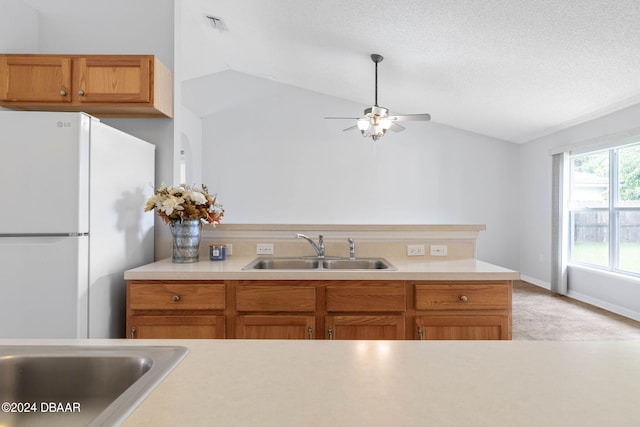 kitchen featuring sink, ceiling fan, a textured ceiling, lofted ceiling, and white refrigerator