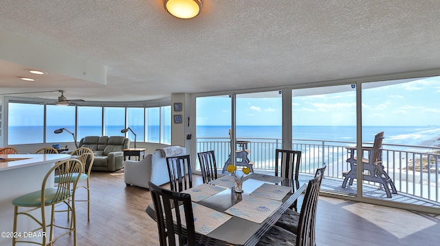 dining space featuring ceiling fan, a wealth of natural light, wood-type flooring, and a water view