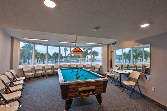 playroom with pool table, a textured ceiling, and carpet flooring