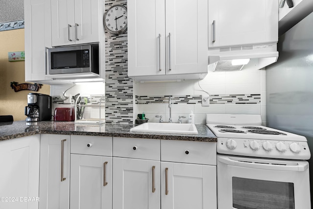 kitchen featuring white cabinetry, sink, exhaust hood, and white electric range oven