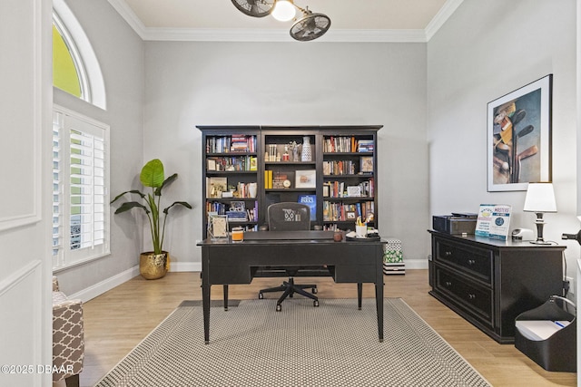 1207 Kaleen Dr, Ormond Beach, FL 32174 - office area featuring light wood-style flooring and crown molding