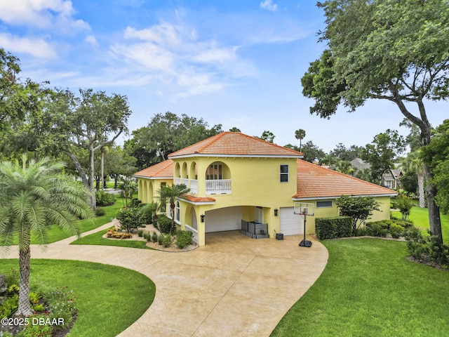 1207 Kaleen Dr, Ormond Beach, FL 32174 - view of home's exterior featuring stucco siding, a balcony, a garage, a lawn, and curved driveway