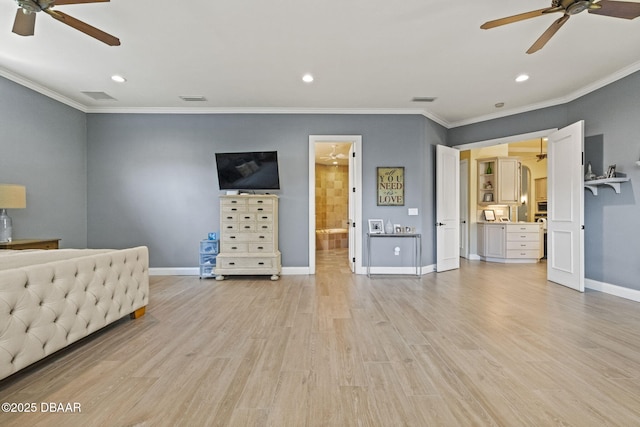 1207 Kaleen Dr, Ormond Beach, FL 32174 - bedroom featuring ornamental molding, light wood-style floors, recessed lighting, and ceiling fan