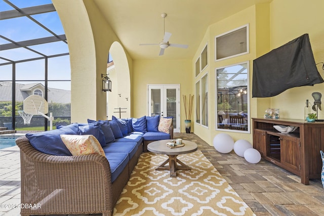 1207 Kaleen Dr, Ormond Beach, FL 32174 - view of patio / terrace featuring outdoor lounge area, french doors, glass enclosure, ceiling fan, and an outdoor pool