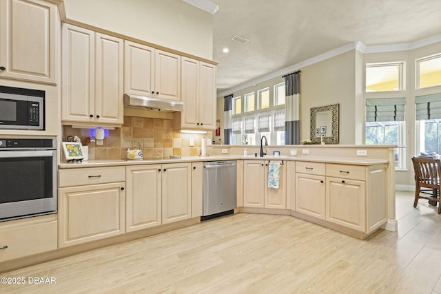 1207 Kaleen Dr, Ormond Beach, FL 32174 - kitchen with stainless steel appliances, under cabinet range hood, a peninsula, ornamental molding, and light countertops
