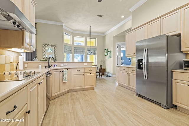 1207 Kaleen Dr, Ormond Beach, FL 32174 - kitchen with stainless steel appliances, under cabinet range hood, light wood-style flooring, ornamental molding, and a peninsula