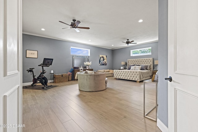 1207 Kaleen Dr, Ormond Beach, FL 32174 - bedroom featuring light wood finished floors, recessed lighting, ornamental molding, and a ceiling fan