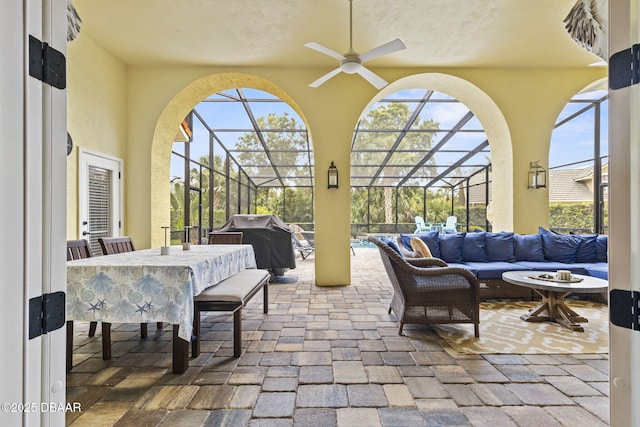 1207 Kaleen Dr, Ormond Beach, FL 32174 - view of patio featuring ceiling fan, an outdoor hangout area, grilling area, a swimming pool, and a lanai