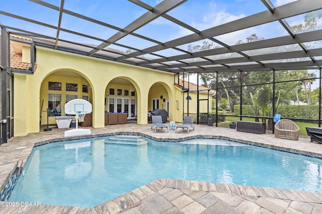 1207 Kaleen Dr, Ormond Beach, FL 32174 - outdoor pool featuring an outdoor hangout area, a patio area, and a lanai