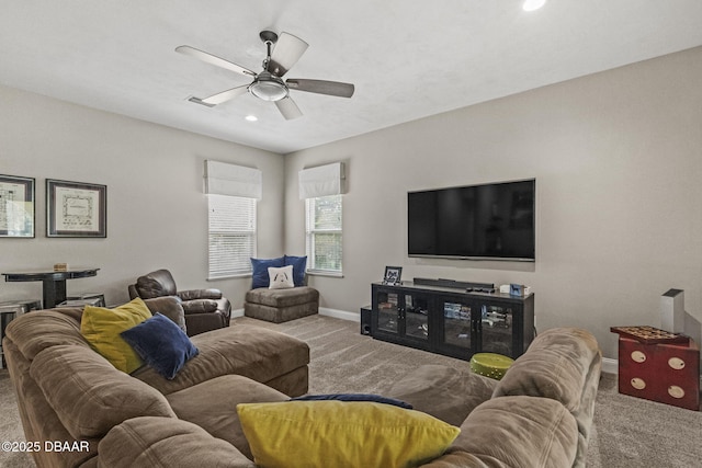1207 Kaleen Dr, Ormond Beach, FL 32174 - carpeted living room with a ceiling fan and recessed lighting