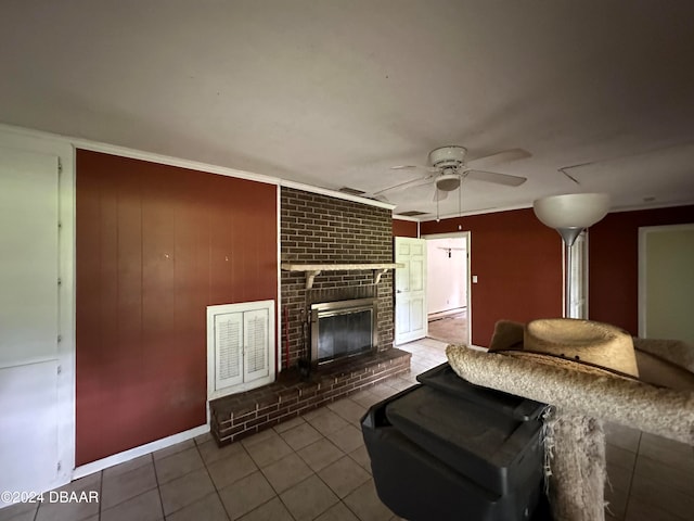 424 Stone Island Rd, Deltona, FL 32725 - tiled living room with a fireplace and ceiling fan
