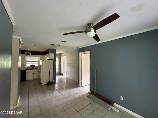 424 Stone Island Rd, Deltona, FL 32725 - interior space with ornamental molding, white fridge, white cabinetry, light tile patterned floors, and ceiling fan