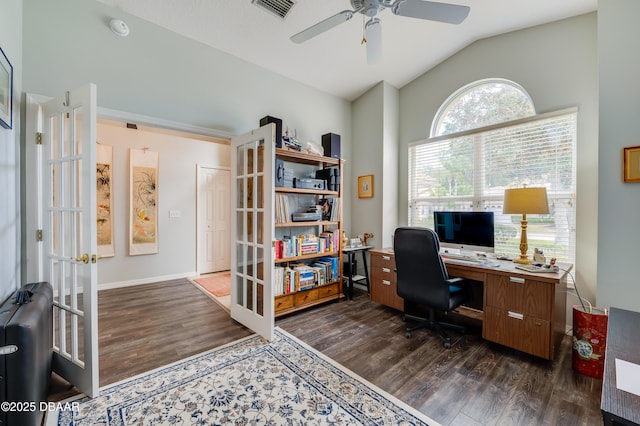 office area with ceiling fan, french doors, vaulted ceiling, and dark hardwood / wood-style floors