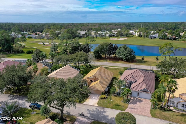 drone / aerial view featuring a water view