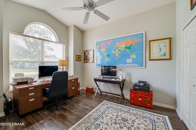 office featuring ceiling fan, dark hardwood / wood-style flooring, and lofted ceiling