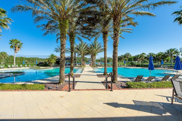 view of swimming pool featuring a patio area